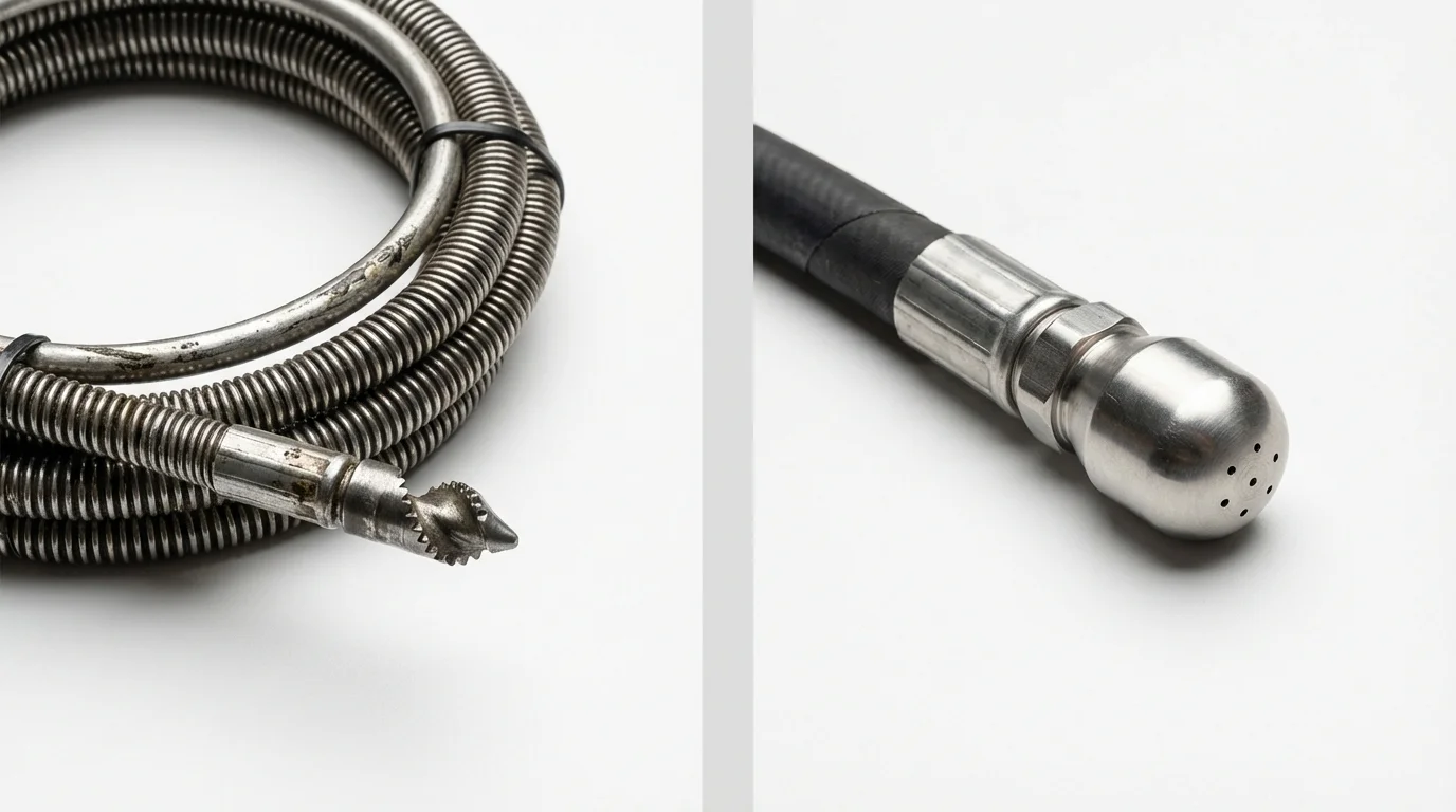 Drain snake cable and hydro jetting nozzle used for drain cleaning in Lumberton, NC